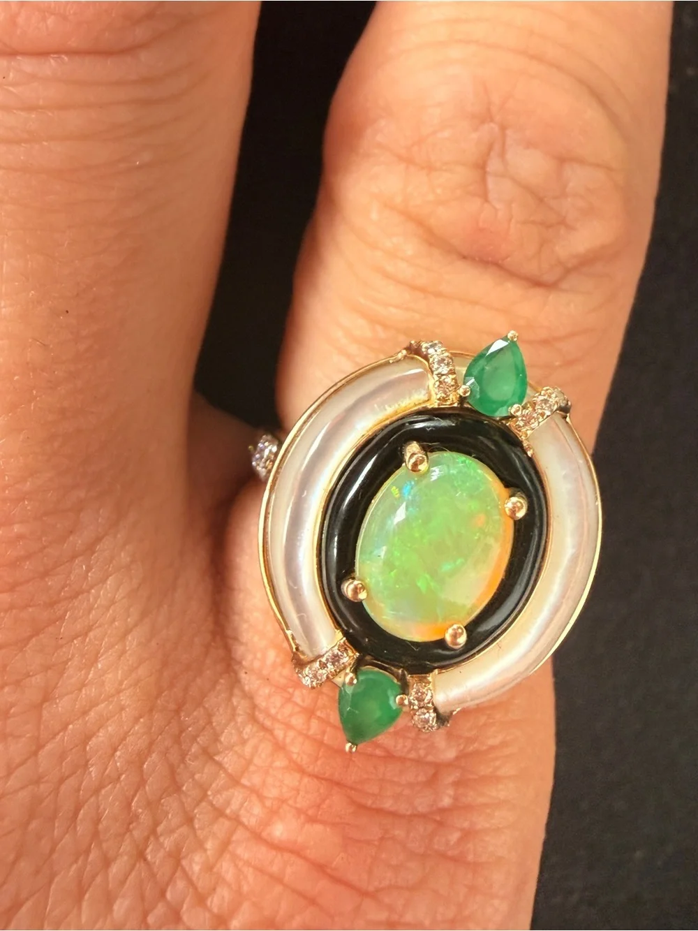 ✨Vintage Asch Grossbardt 14K Gold Opal, Mother-of-Pearl, Onyx & Emerald Ring Sz8